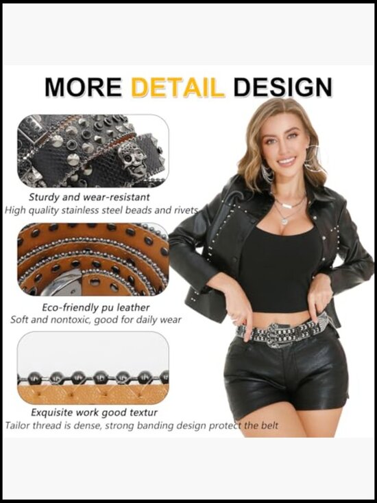 Rhinestone Skull Buckle Studded Punk Belt Adjustable Leather main image 6